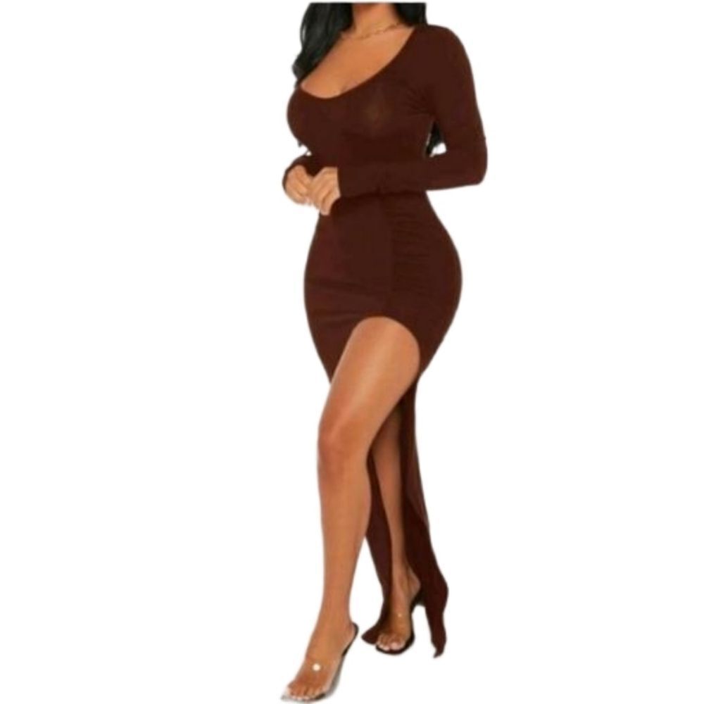 SEXY coffee brown ruched split thigh dress sz petite small